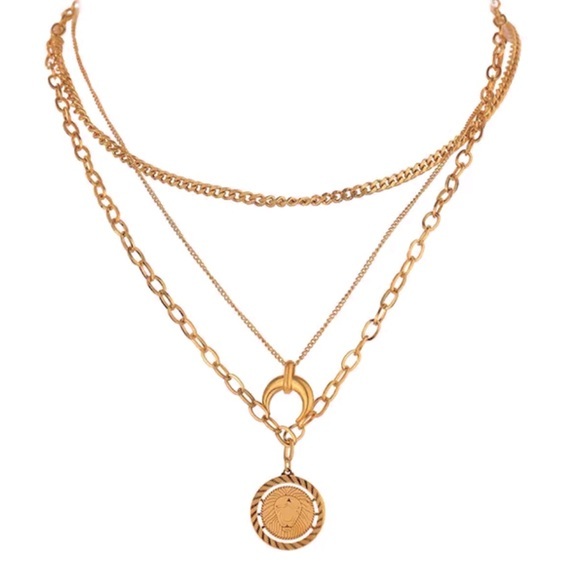 18K Gold Plated Layered Lion Pendant & Animal Horn Pendant Necklace - Picture 4 of 14